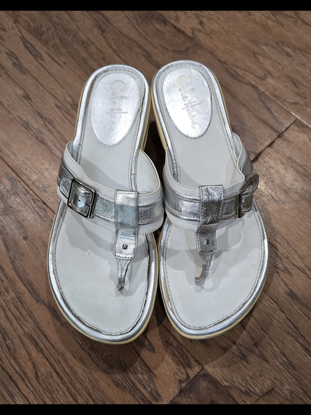 Cole Haan Silver Metallic T-strap Sandals - Women's